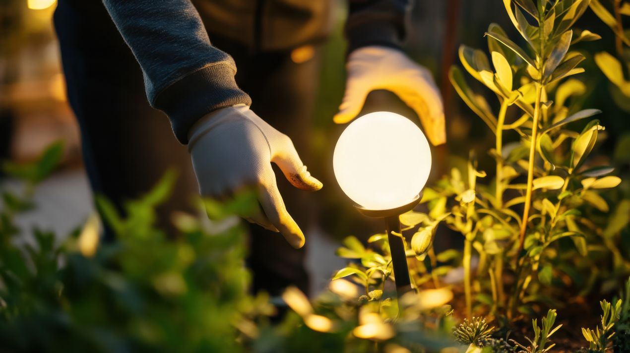 Nahaufnahme einer LED Einbaustrahler-Installation im Beet, Person mit Handschuhen richtet die Leuchte zwischen Pflanzen aus