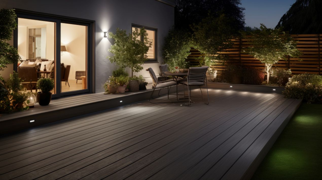 Abendszene einer modernen Holzterrasse mit LED Einbaustrahlern im Boden und dezent beleuchteten Pflanzen im Hintergrund