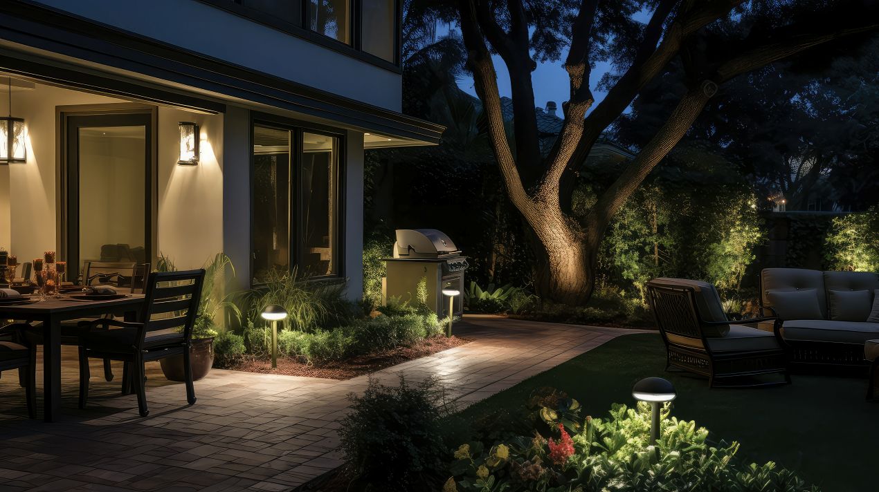 Garten bei Nacht mit LED Einbaustrahlern entlang des Weges und stimmungsvoller Beleuchtung rund um Terrasse und Grillplatz