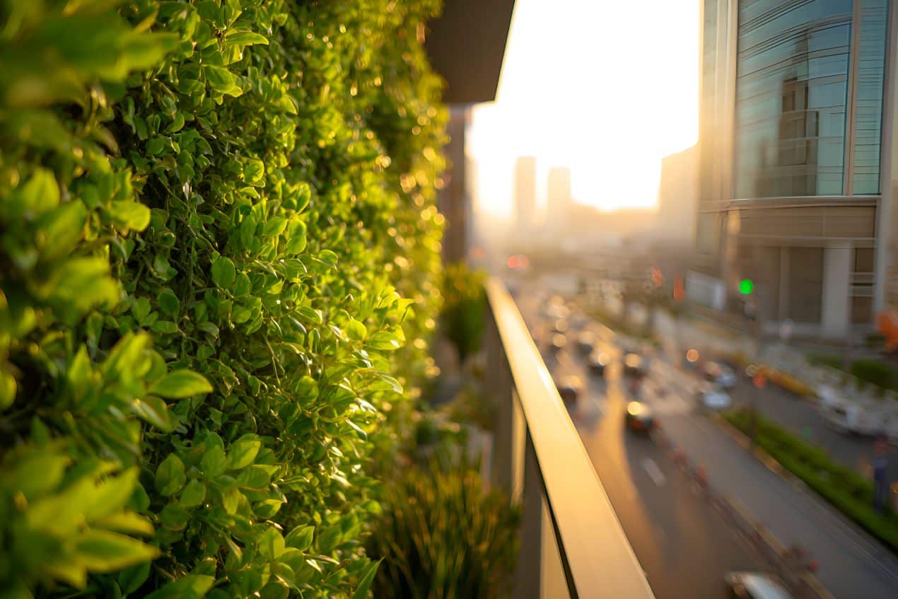 Gruene blumenkästen an der Wand eines Stadtbalkons bei Sonnenuntergang mit Blick auf Hochhäuser und Strassenverkehr