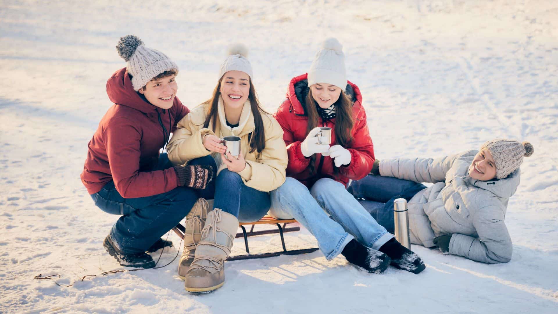 Gruppe Freunde warm eingepackt im Schnee
